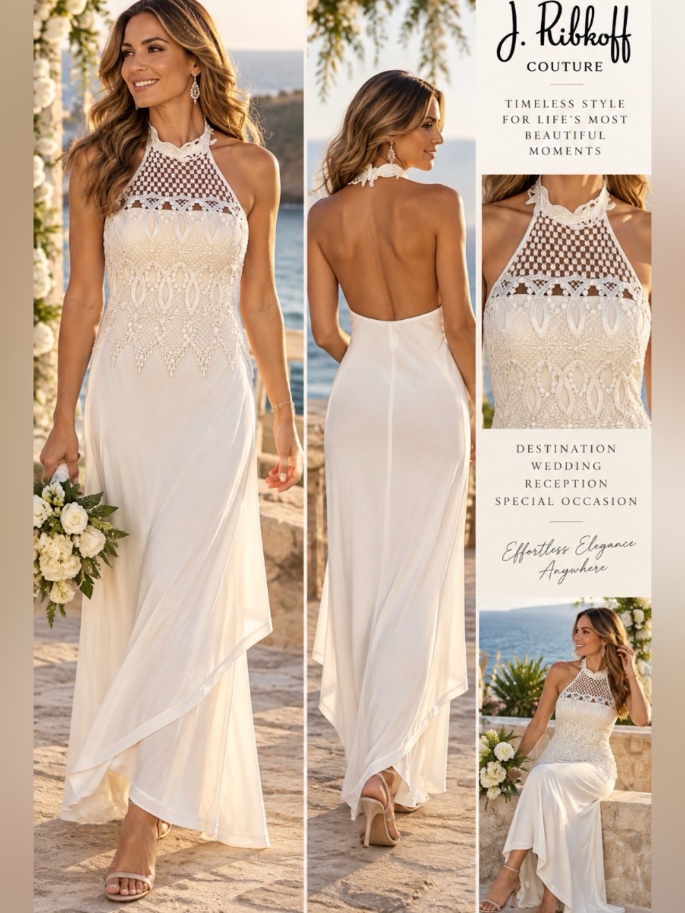 Vintage J. Ribkoff Couture Ivory Lace Halter Maxi Dress